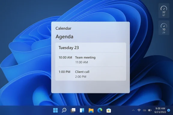 Floating calendar agenda on a Windows desktop over a blue abstract wallpaper.