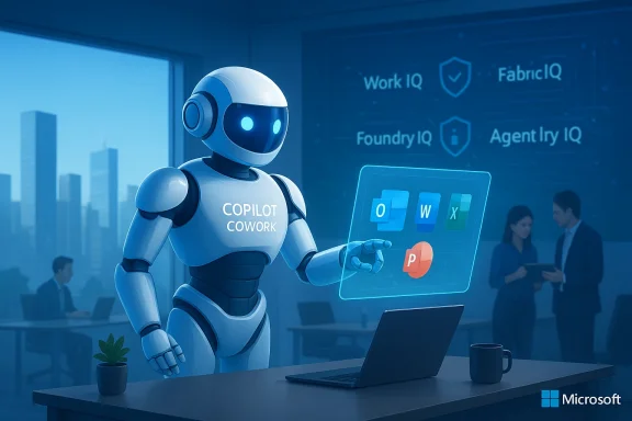 Copilot Cowork robot demonstrates holographic Microsoft apps in a modern office.