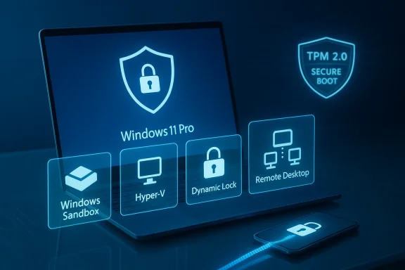 Windows 11 Pro shown with security features: Sandbox, Hyper-V, Dynamic Lock, and Remote Desktop.