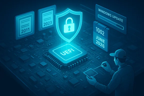 Technician examines a motherboard with a glowing UEFI security shield.