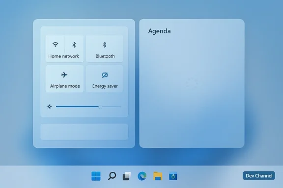 Blue UI mockup with a settings panel on the left and an Agenda panel on the right.