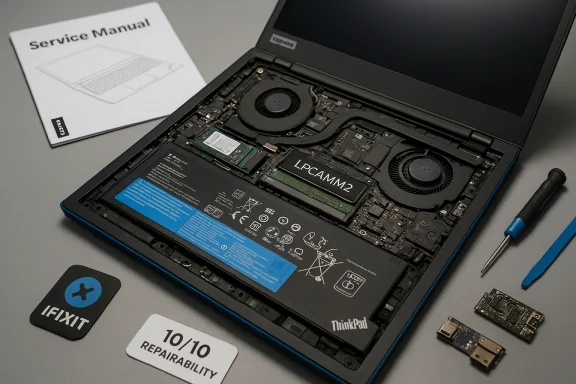 Disassembled ThinkPad laptop showing RAM, battery, cooling, and repair tools with a service manual.