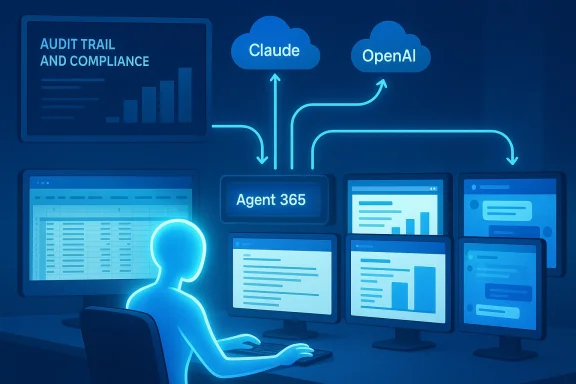A person monitors multiple screens as AI tools Claude and OpenAI feed data to Agent 365.