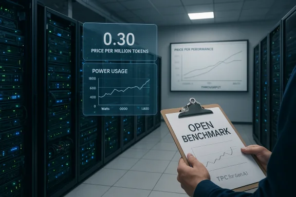 Data center scene with a technician holding an Open Benchmark clipboard beside holographic price and power charts.