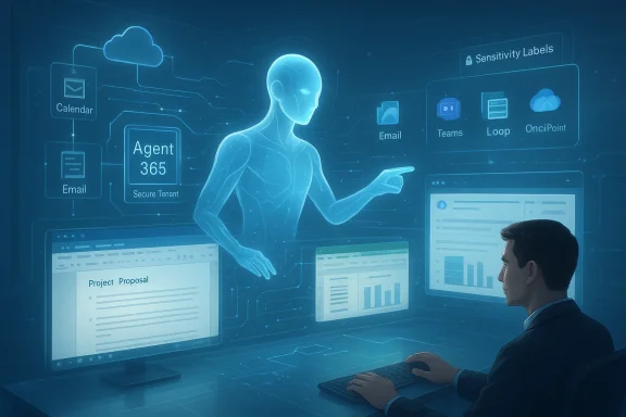 A man works at a computer as a blue holographic AI agent and dashboards hover nearby.