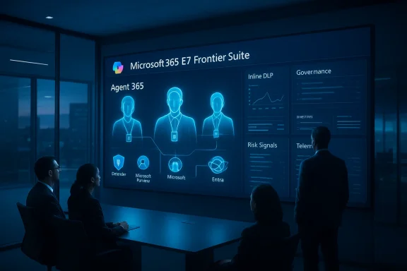 Team analyzes a Microsoft 365 E7 Frontier Suite dashboard on a large wall screen.