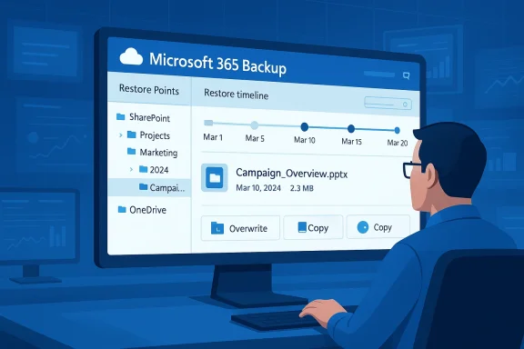 Person at a desk uses a monitor showing Microsoft 365 Backup with a restore timeline.