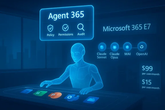Blue holographic Agent 365 at a desk with the Microsoft 365 E7 interface.