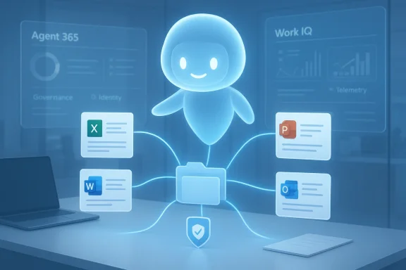 Blue holographic AI assistant connects Excel, Word, PowerPoint, and Outlook docs.