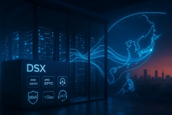 DSX data center with blue-lit servers and a neon holographic world map.