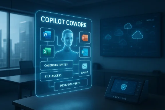 A holographic AI coworker interface in a modern office, showing apps, calendar invites, and emails.
