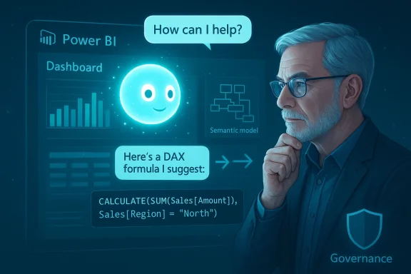 An expert analyzes a futuristic AI-powered Power BI dashboard as it suggests a DAX formula.