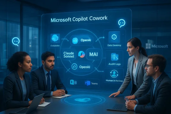 A diverse team analyzes an AI workflow on a holographic Microsoft Copilot screen.
