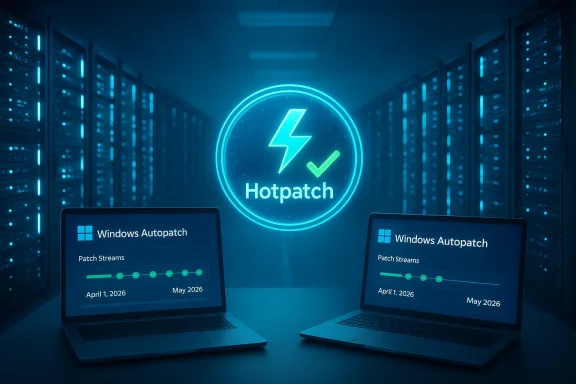 Two laptops in a server room running Windows Autopatch, with a glowing Hotpatch logo in the center.