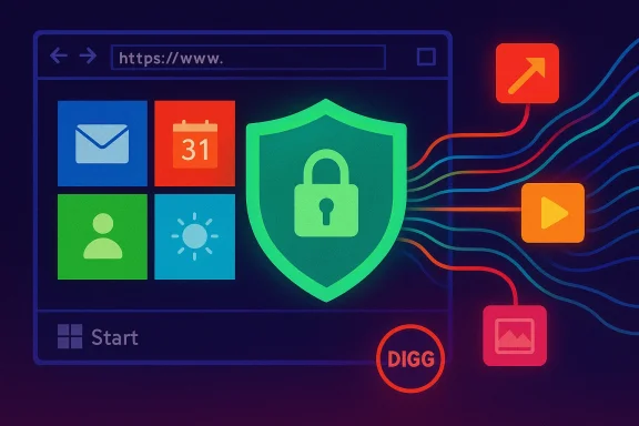 A neon shield lock over a browser interface with colorful app tiles, signaling online security.