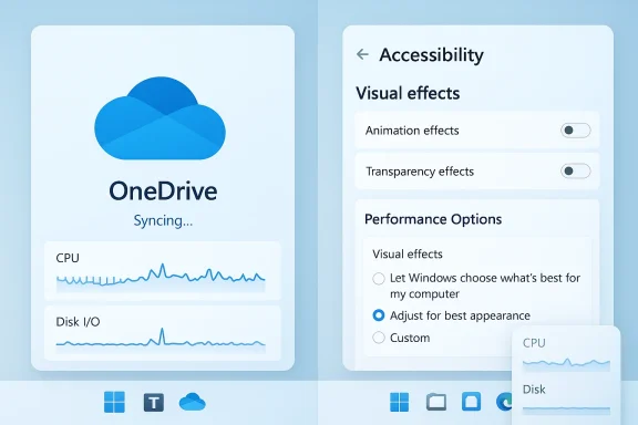 UI mockup showing OneDrive syncing status on the left and accessibility settings on the right.