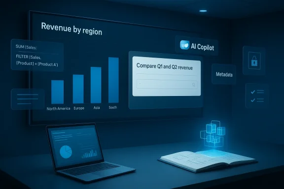 A futuristic data dashboard displays revenue by region with AI Copilot, paired with a laptop and notebook.