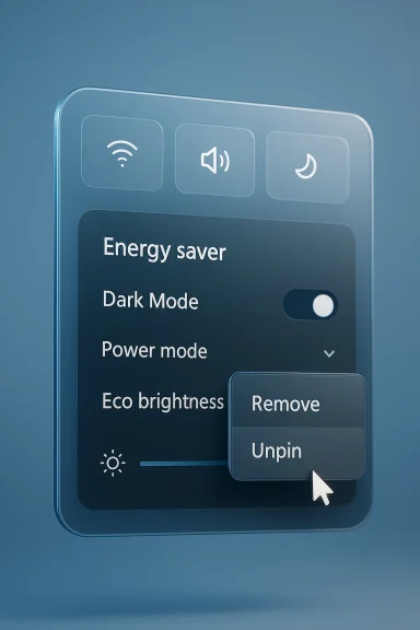 A sleek smartphone UI with Energy saver, Dark Mode, and a Remove/Unpin menu.