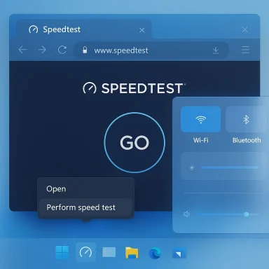 Blue desktop shows Speedtest app with a large GO button and a speed test popup.