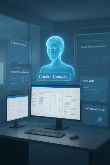 A holographic Copilot Cowork assistant hovers over a desk with multiple monitors.