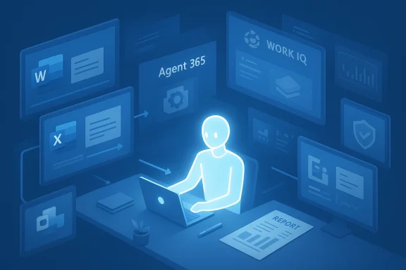 A glowing figure works at a laptop, surrounded by floating holographic screens.