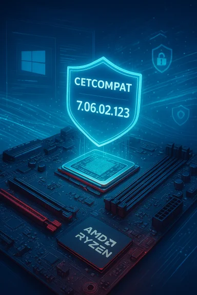 A futuristic motherboard with an AMD Ryzen processor and a glowing CETCOMPAT shield.