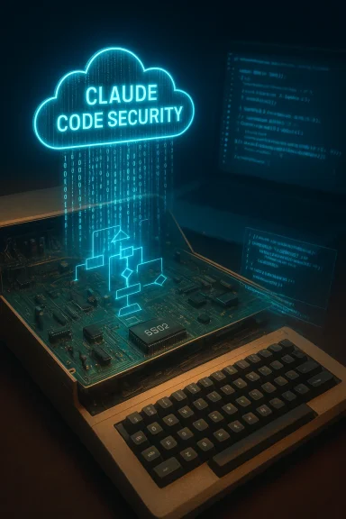 A neon blue cloud labeled 'CLAUDE CODE SECURITY' rises from a vintage computer's motherboard.