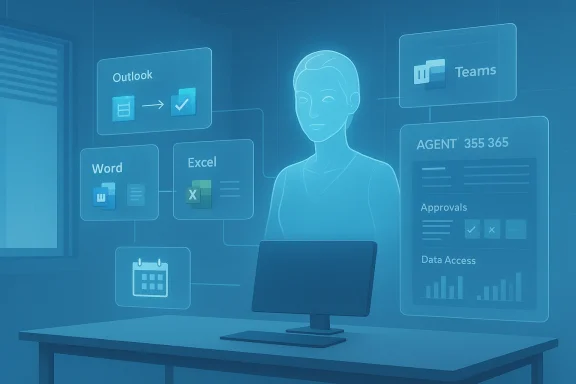 A holographic blue office scene with a computer and floating productivity apps like Outlook, Word, Excel, and Teams.