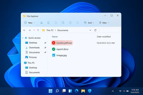 Windows File Explorer shows Documents with involve.pdf.exe (red X), report.docx (green check), and image.jpg.
