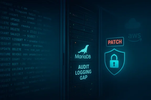 A data center with MariaDB servers highlighting an audit-logging gap, a patch sign, and a security shield.