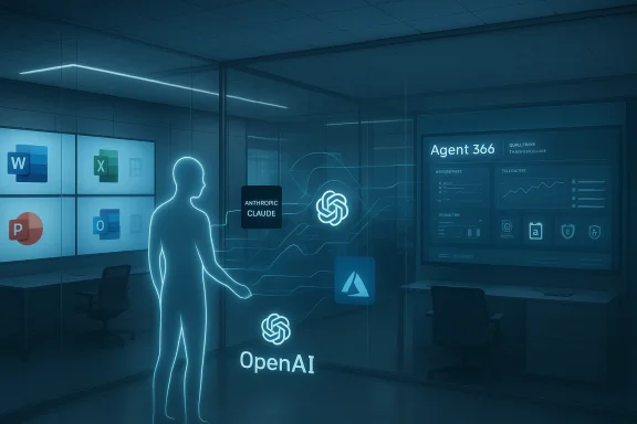 Futuristic control room with a glowing silhouette and OpenAI, Anthropic Claude, and Agent 366 dashboards.