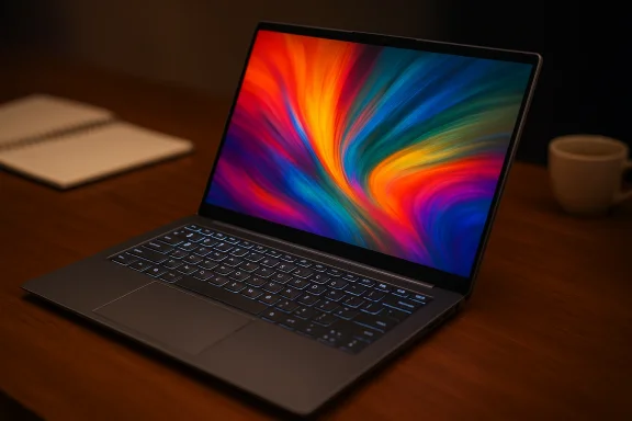 Sleek laptop on a wooden desk displays a vibrant, swirling color wallpaper with a notebook and mug nearby.