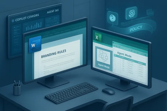 Two-monitor workstation displaying branding rules in Word and Agent Mode in Excel.