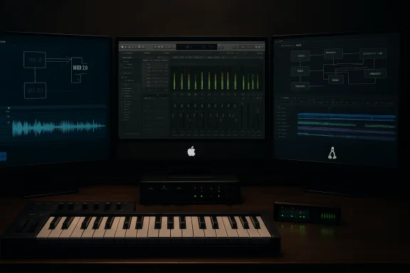 Dimly lit three-monitor DAW setup with MIDI keyboard and audio interface.