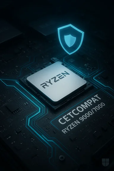 A glowing blue shield hovers above a Ryzen CPU on a circuit board.