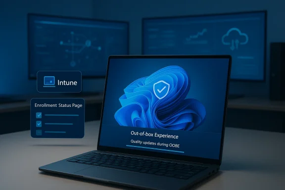 Laptop displaying Intune onboarding UI with out-of-box experience and enrollment status indicators.