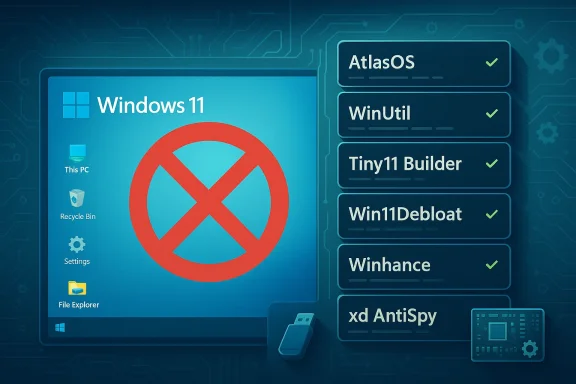 Windows 11 desktop featuring a large red no symbol and a list of tweaking tools.