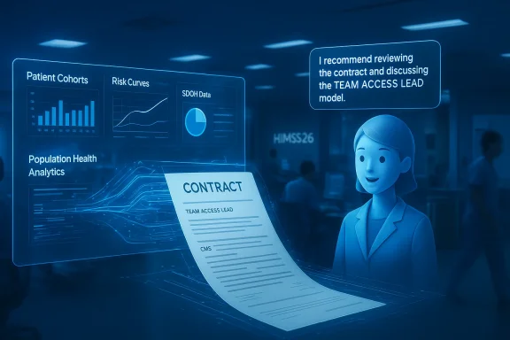 A blue holographic dashboard shows health analytics as an AI assistant presents a contract.