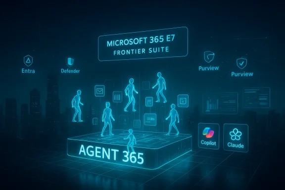 Futuristic holographic display of Microsoft 365 E7 Frontier Suite with AGENT 365 and floating avatars.