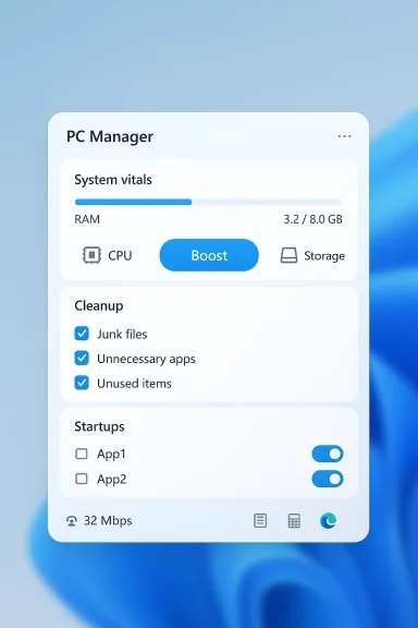 A PC Manager UI showing system vitals, a Boost button, cleanup options, and startup toggles on a blue background.