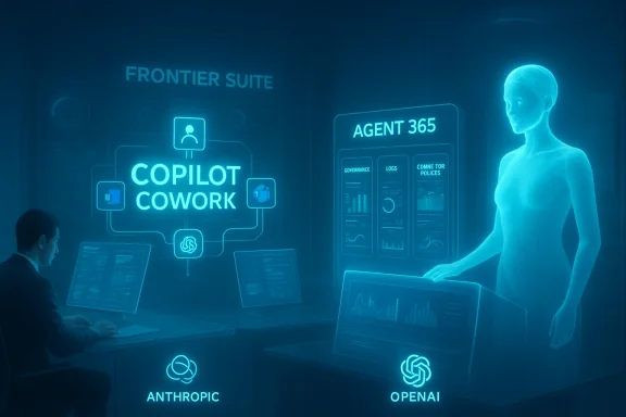 A futuristic control room with holographic dashboards labeled Copilot Cowork and Agent 365.