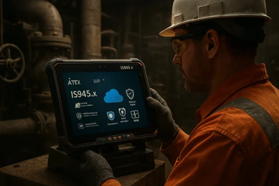 Industrial worker in PPE uses a rugged ATEX tablet in a dusty plant.