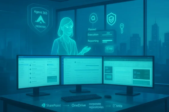 Futuristic office with a holographic agent on the glass wall and a three-monitor workstation.