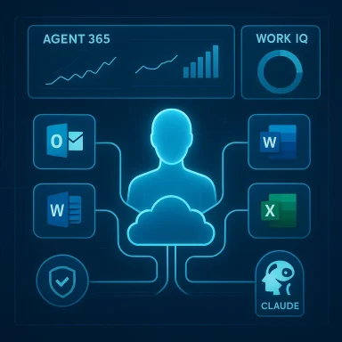 Blue futuristic dashboard showing a user linked to cloud and Office apps with analytics.