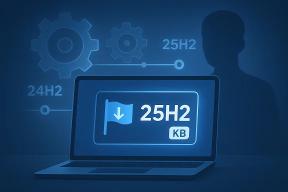 Blue-toned laptop screen shows a 25H2 update with gear icons, symbolizing software updates.