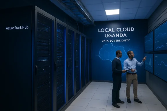Two professionals review cloud dashboards in a blue-lit Uganda data center.