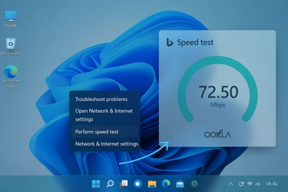 Windows 11 desktop with an Ookla speed test widget showing 72.50 Mbps.