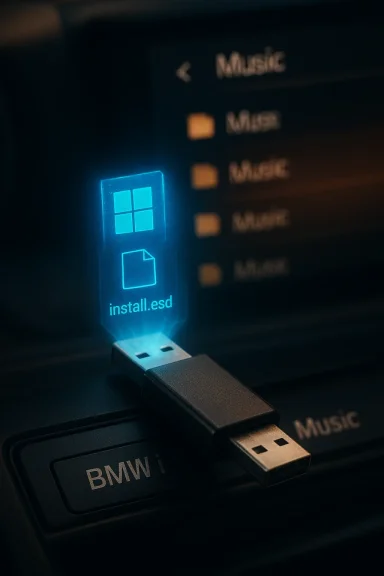 Blue-glow USB drive labeled install.esd plugged into a BMW i infotainment USB port.
