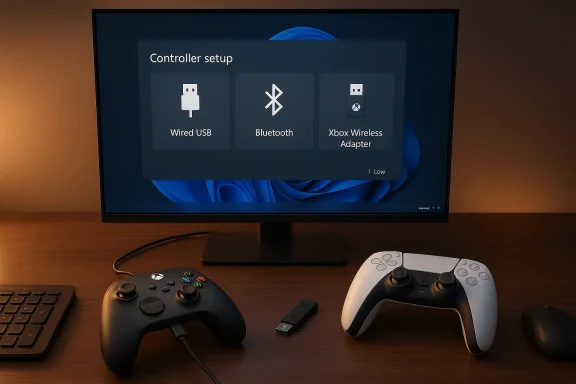Monitor shows a Controller setup menu with Wired USB, Bluetooth, Xbox Wireless Adapter; controllers on the desk.