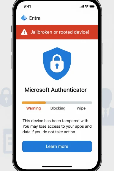 Smartphone screen shows a Microsoft Authenticator warning that the device is jailbroken or rooted.